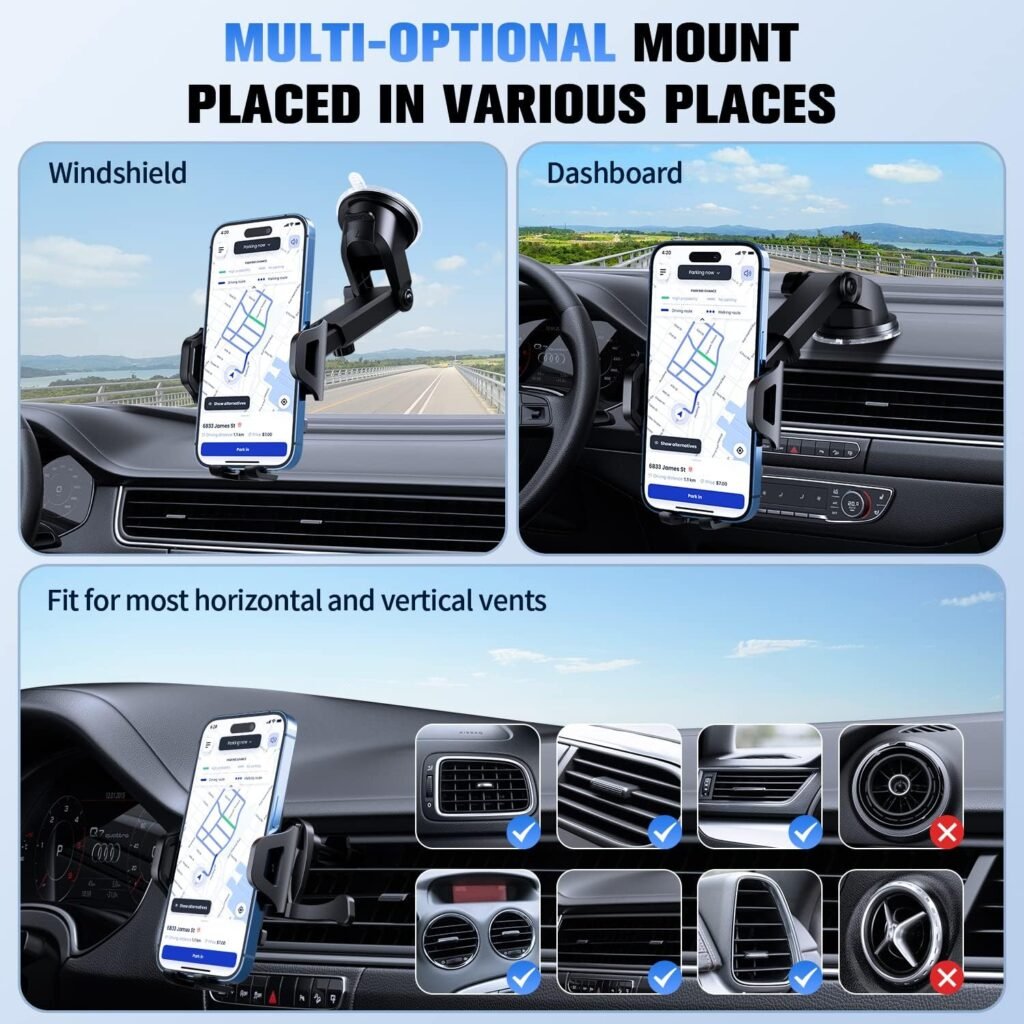 Car Phone Holder Mount [Upgraded]-[Bumpy Roads Friendly] Phone Mount for Car Dashboard Windshield Air Vent 3 in 1,Hand Free Mount for iPhone 15 14 13 Pro Max Samsung All Cell Phones (Black)